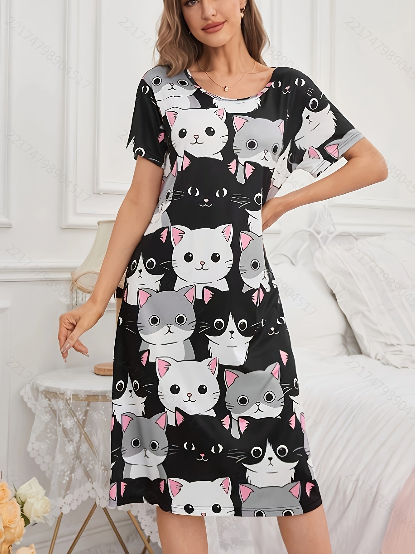 Women's Knee-Length Sleep Dress with Cute Cat Print Polyester Elastane All-Season