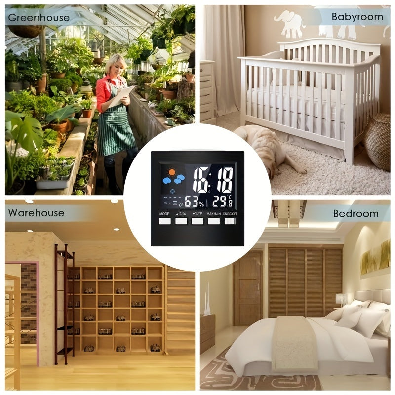 Digital Weather Station Indoor Temperature Humidity LCD Alarm Clock Calendar Voice Control Battery Powered