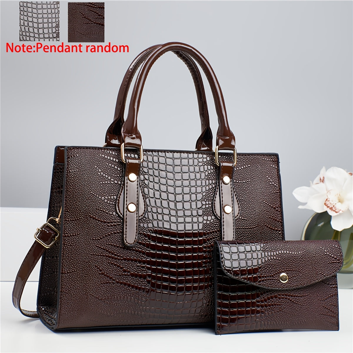 Ayollar uchun 2 ta krokodil naqshidagi sumka to'plami, yuqori sifatli kumush hamyon va rivet bezakli porloq charm to'plam sumkasi bilan birga. 14-fevral kuni sovg'a, ish va dam olish uchun mukammal.