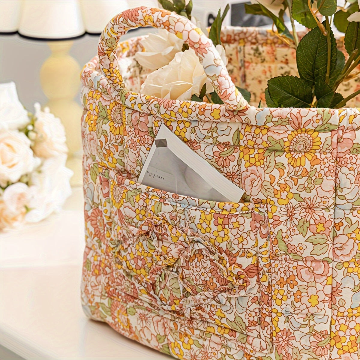 Rustic Quilted Floral Storage Basket for Baby Diapers and Toys