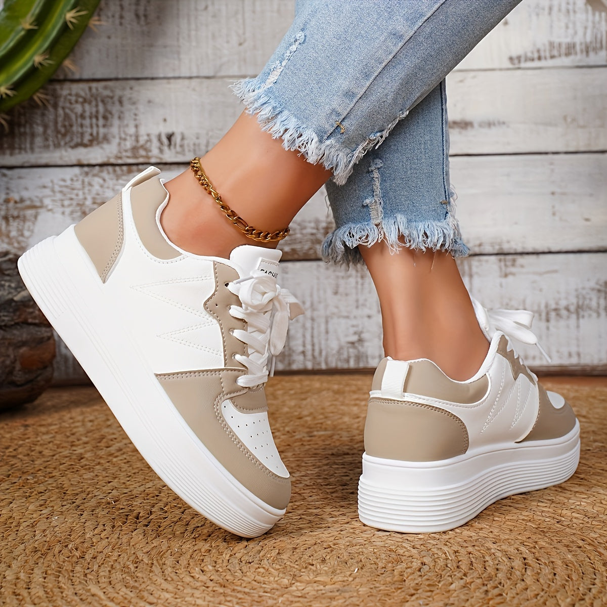 Women’s White Casual Lace-Up Sneakers Flat Shoes with Thick Sole
