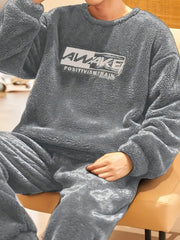 Men's Casual Pajama Set with Flannel Hoodie Top and Loose Pants for Fall Winter