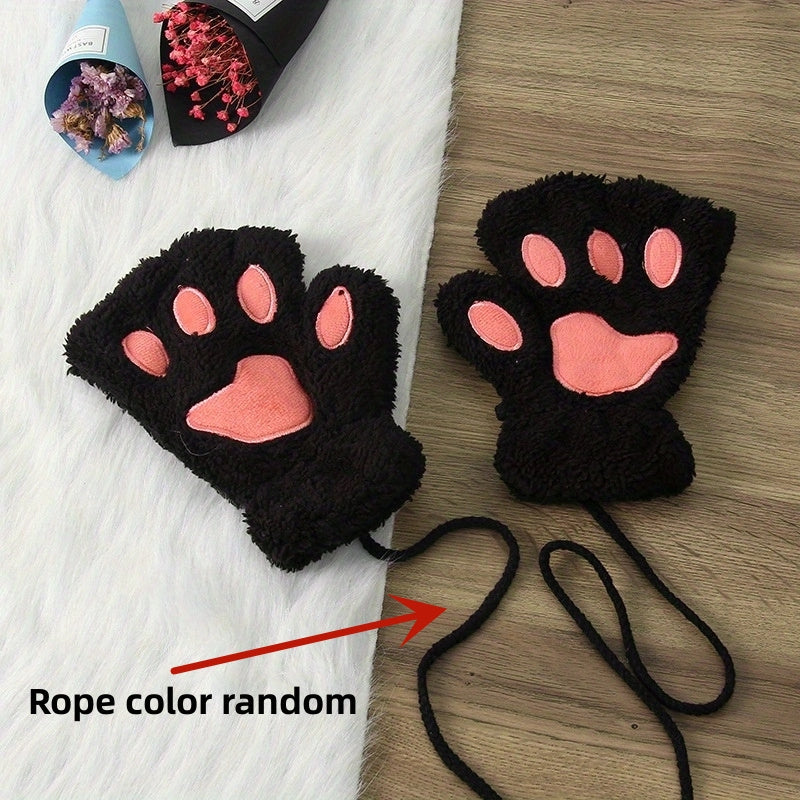 Thickened Half-Finger Winter Gloves with Cartoon Cat Paw Design for Warmth and Touchscreen Use