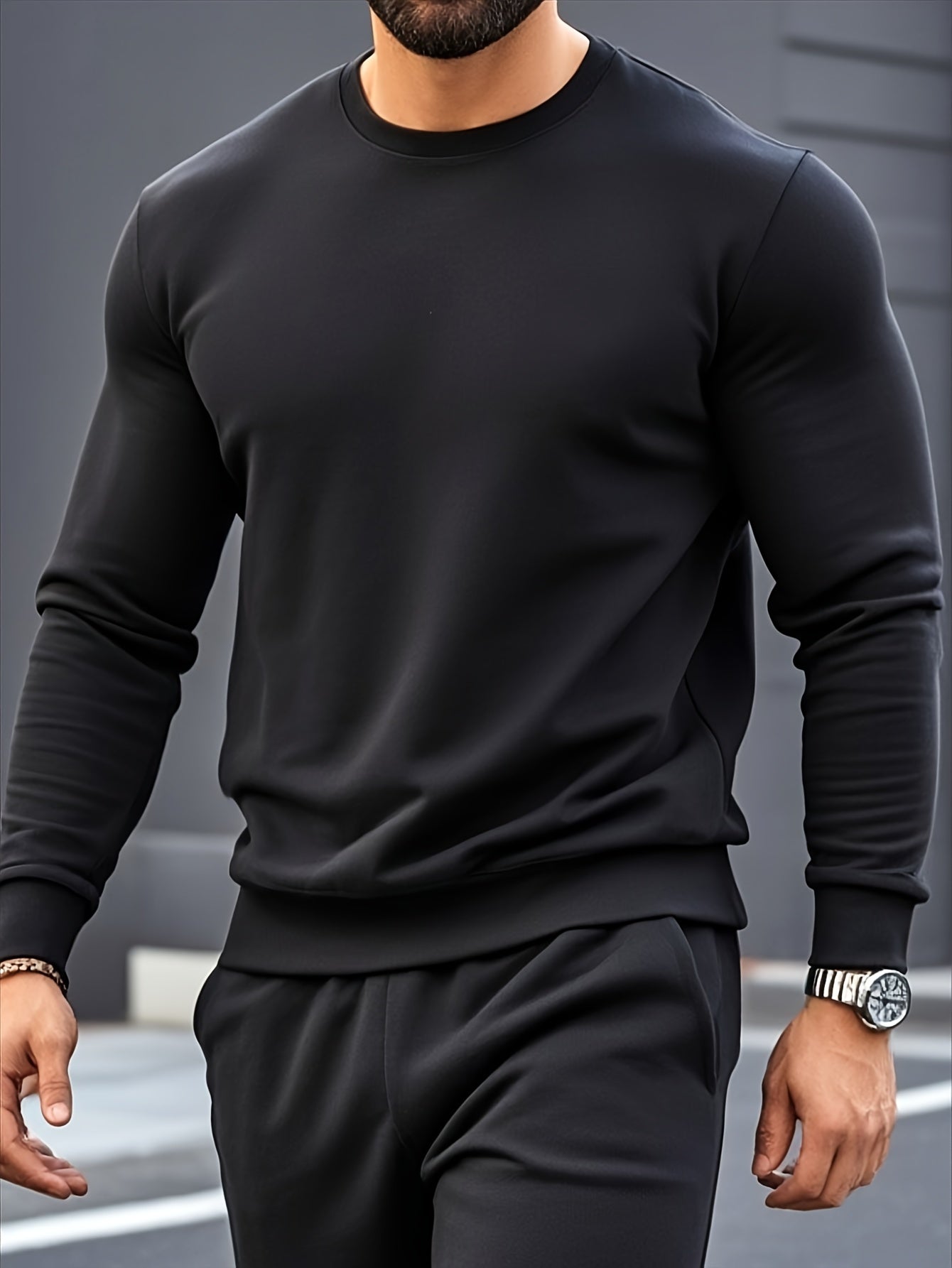 Men's Casual Knitwear Set Long Sleeve Crew Neck Top and Pants Solid Color Fall Winter Machine Washable