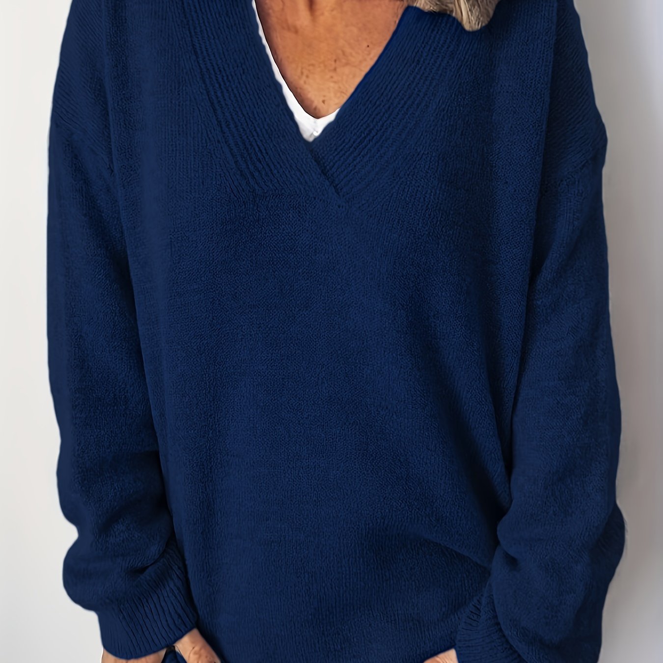 Plus Size Women's Navy Blue V-Neck Sweater Cozy Fall Winter Pullover
