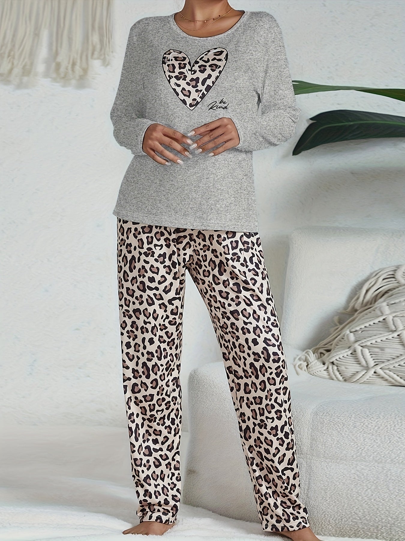 Women's Pajama Set with Long Sleeve Heart Print Top and Leopard Pattern Pants in Polyester