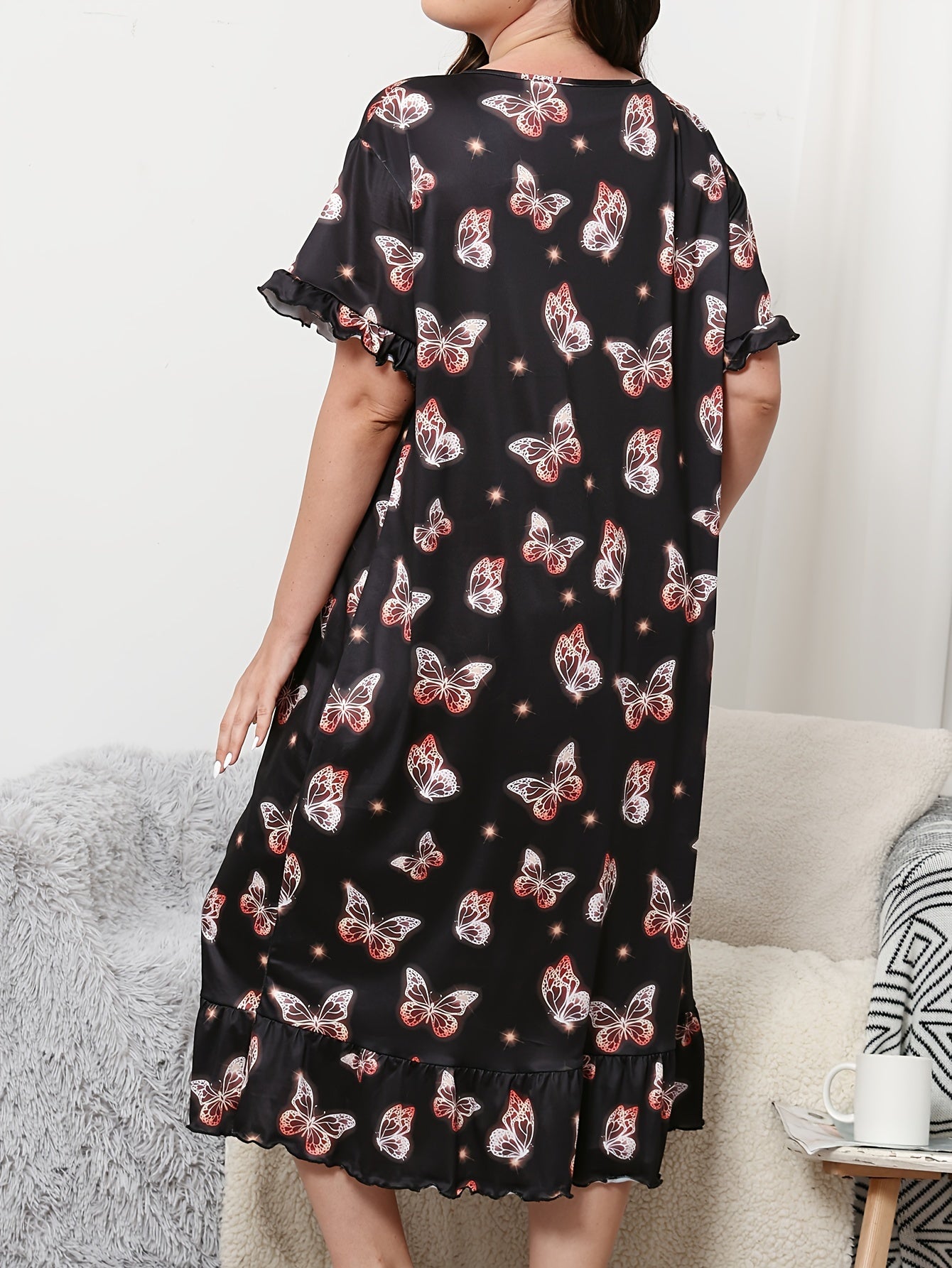 Plus Size Women's Butterfly Print Sleep Dress Loose Fit Nightgown Nightwear