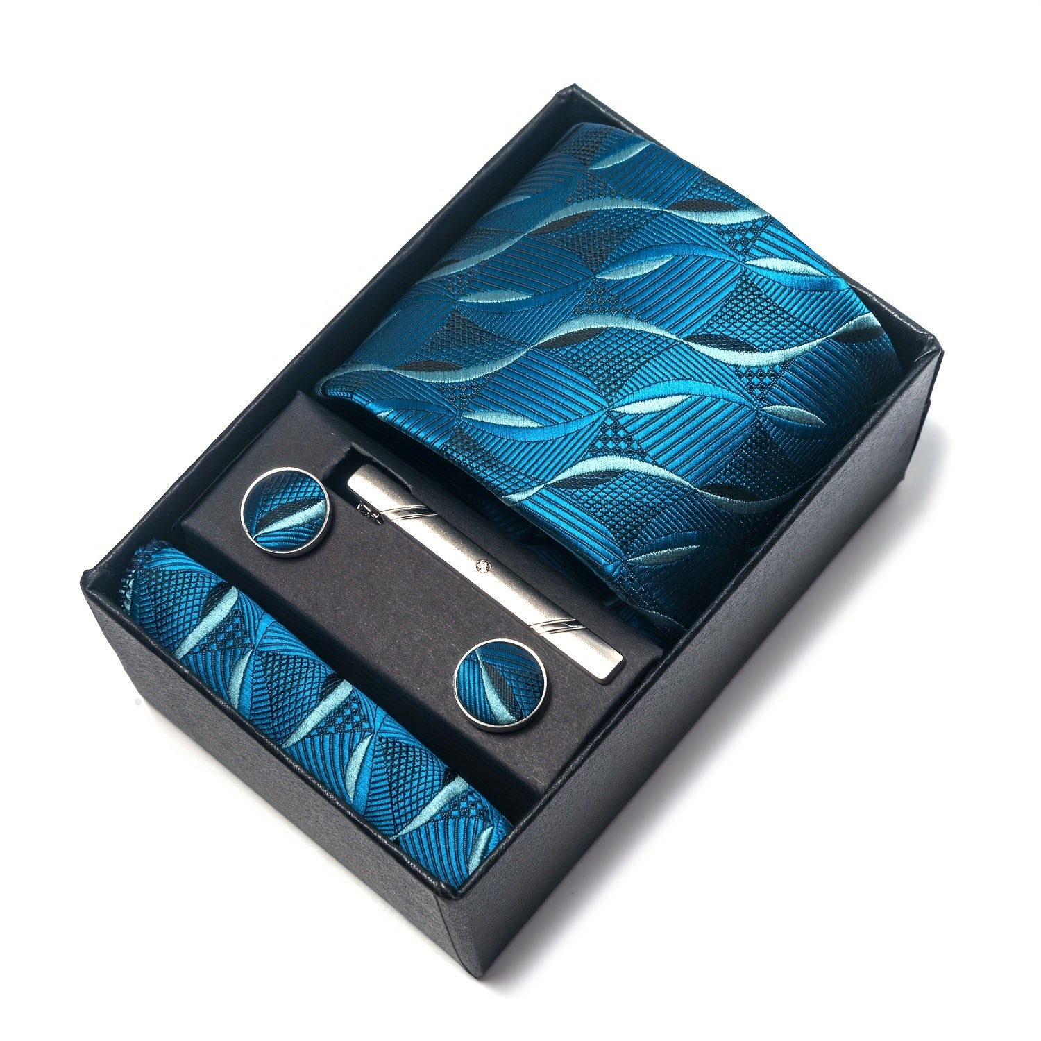 Men's Blue Tie Set with Pocket Square Cufflinks and Tie Clip for Weddings and Occasions