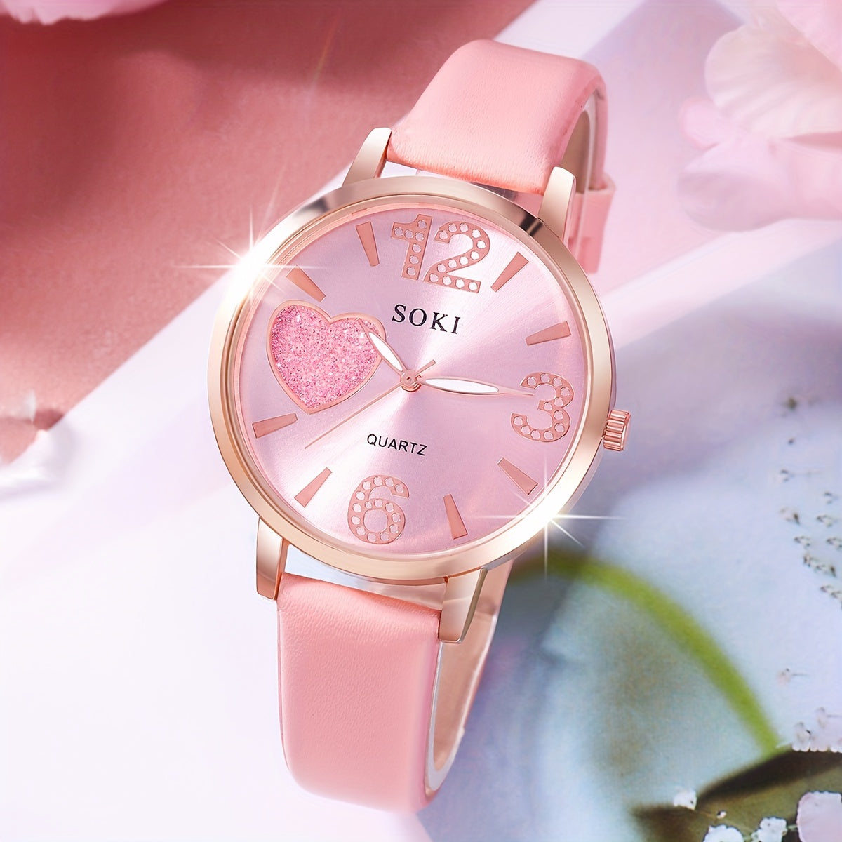 Ladies Fashion Digital Quartz Faux Leather Round Wrist Watch with Heart Jewelry Set