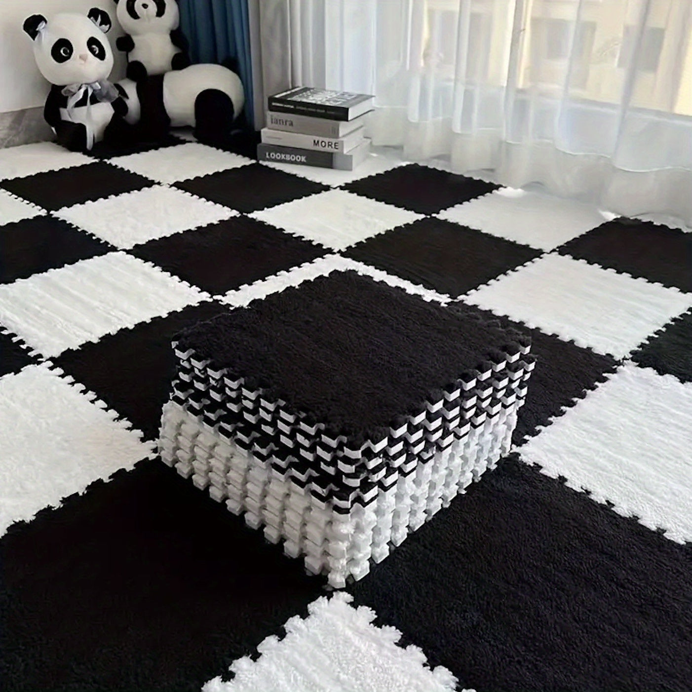 12pcs Black and White Mosaic Carpet Set Washable Plush Mats for Bedroom Living Kitchen Bathroom