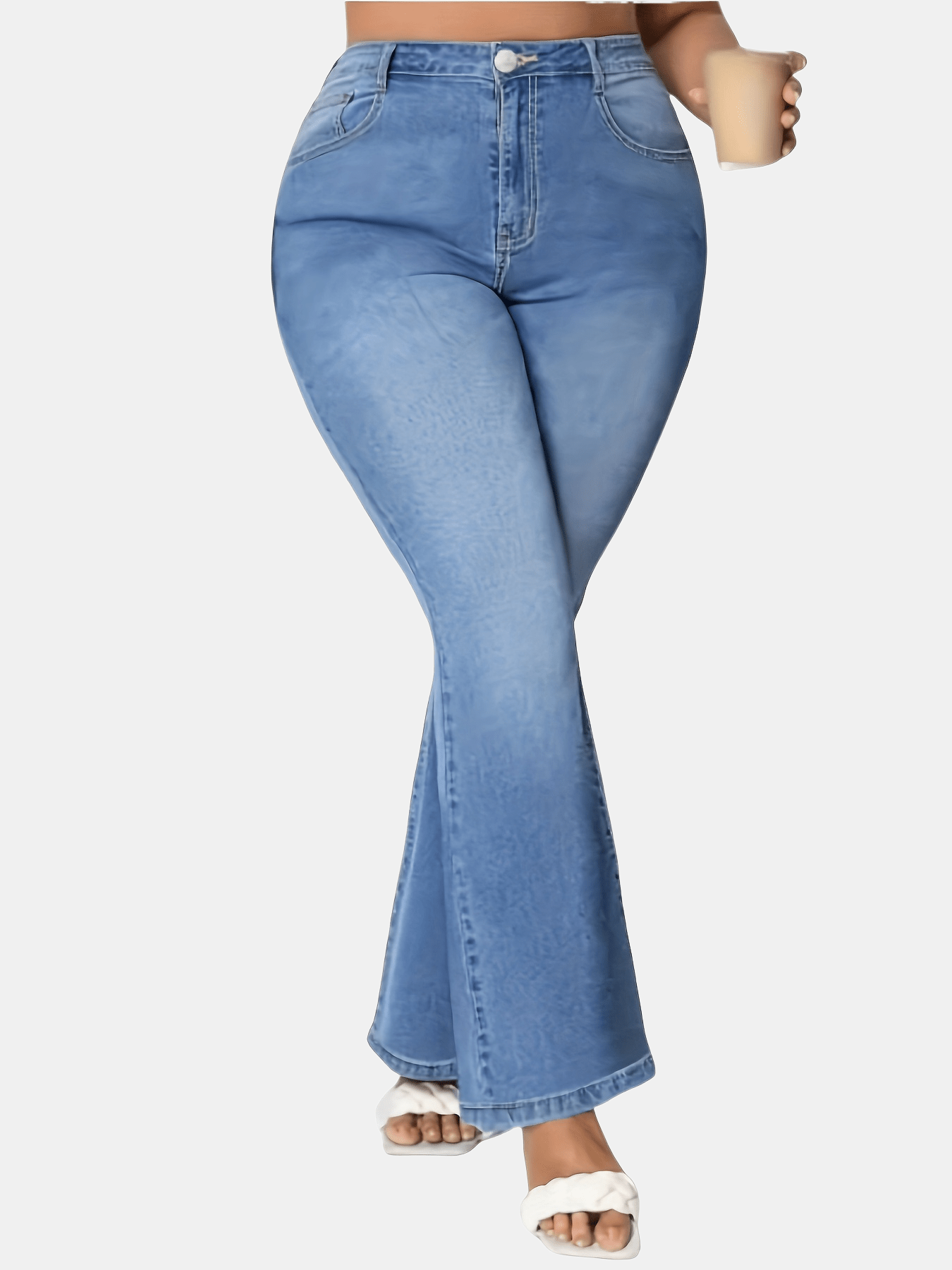 Women's Plus Size Blue Flare Jeans Stretch Denim Button Fly Casual Long Length