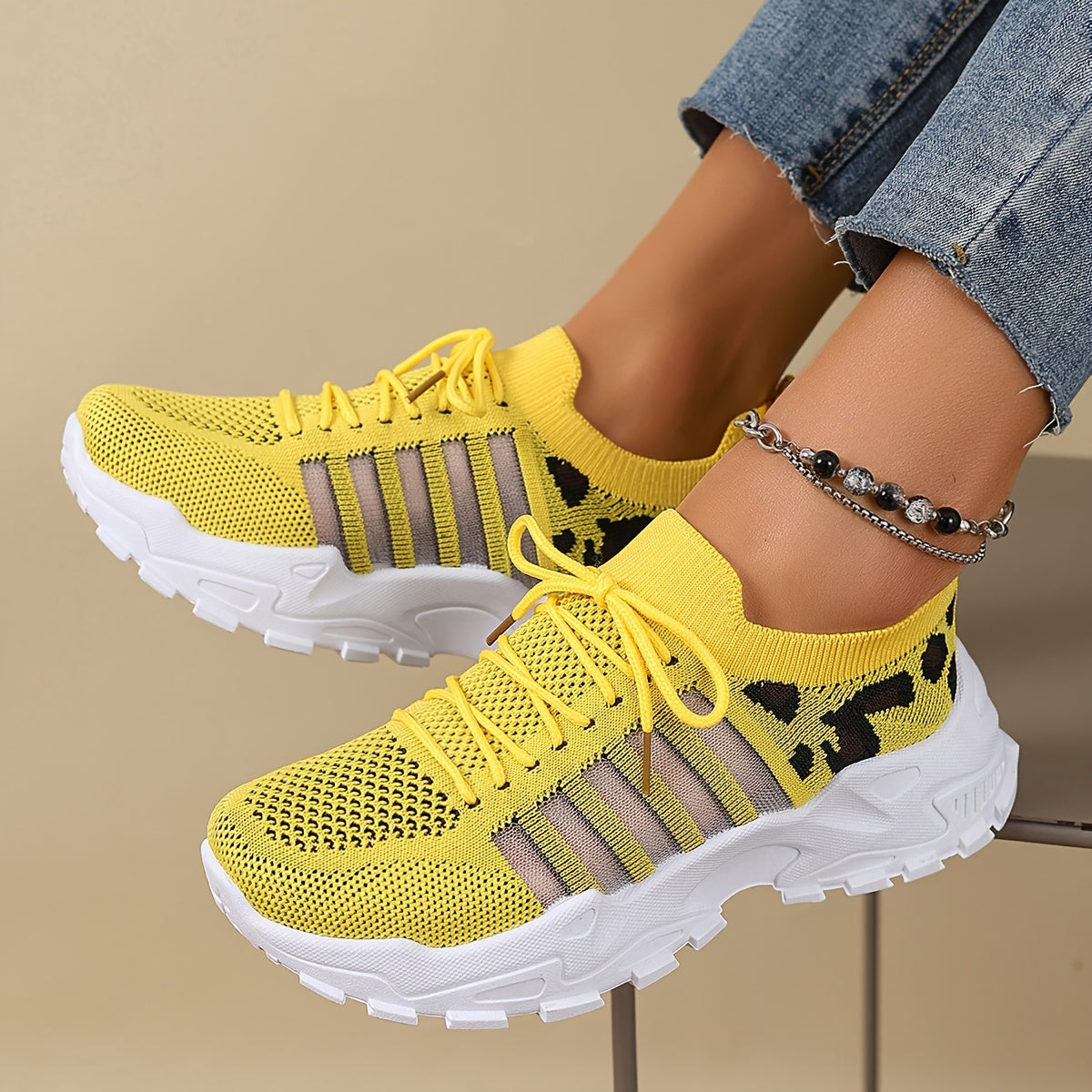 Women's Leopard Print Sneakers Breathable Mesh Low-Top Running Shoes