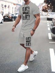 Men's Summer Suit Gray Letter Print Knit Fabric Casual Travel Fitness Social