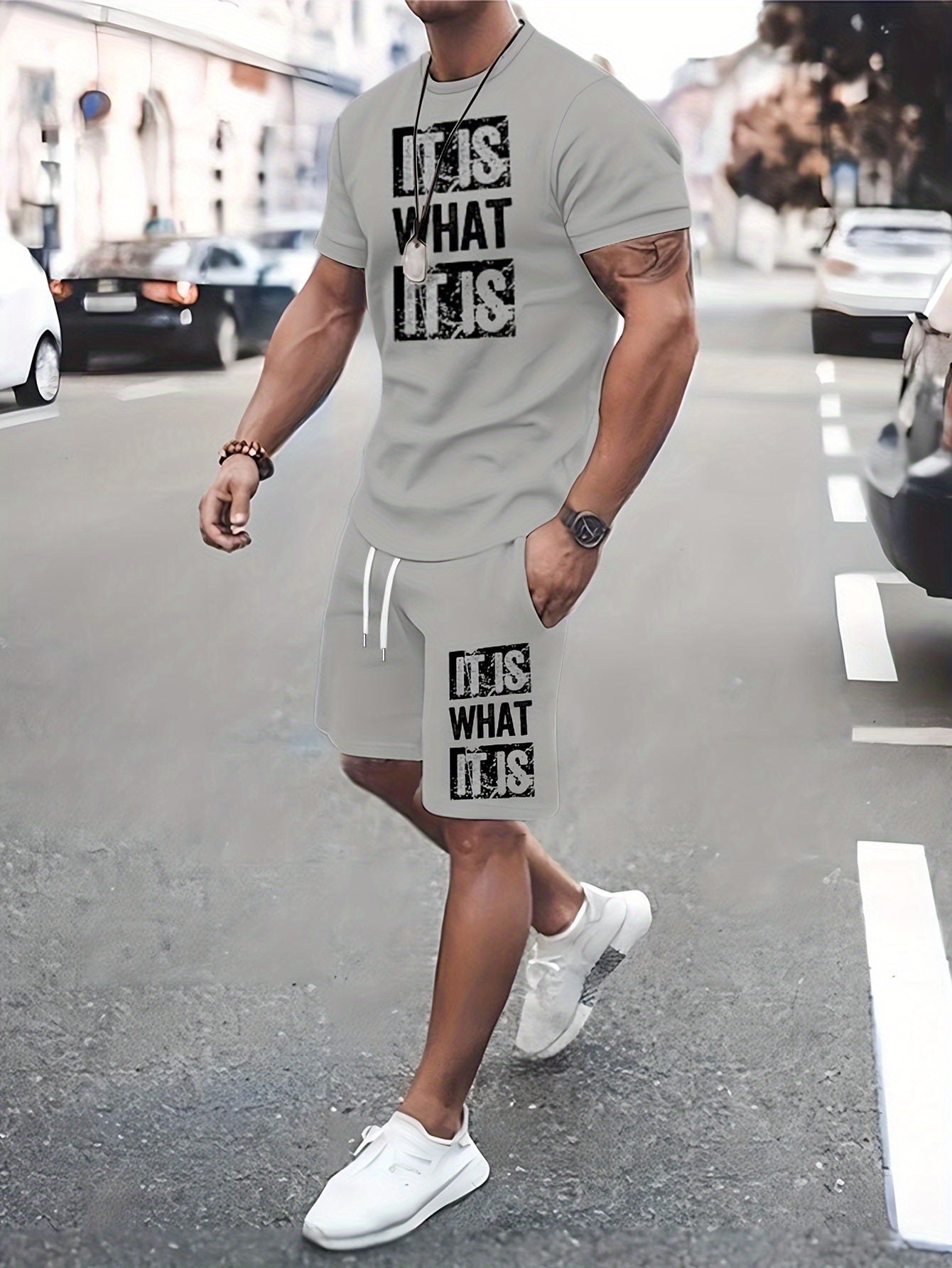 Men's Summer Suit Gray Letter Print Knit Fabric Casual Travel Fitness Social