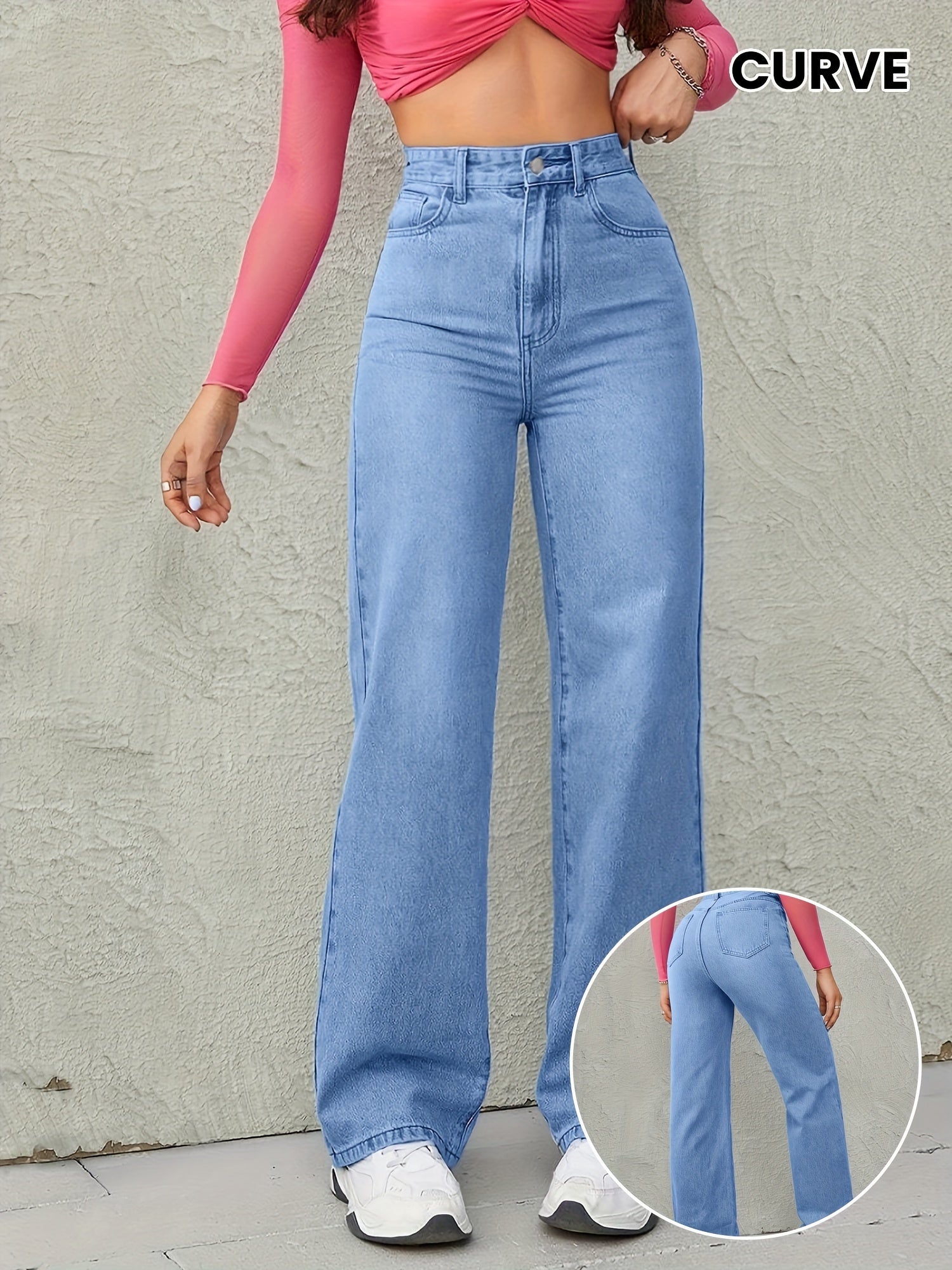 Women's Sky Blue High-Waisted Wide Leg Jeans with Medium Elasticity