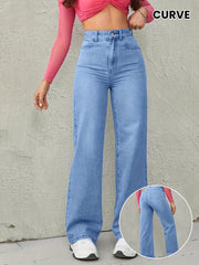 Women's Sky Blue High-Waisted Wide Leg Jeans with Medium Elasticity
