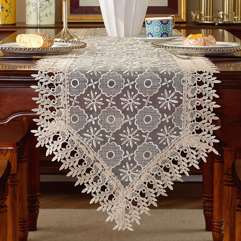 Polyester Table Runner with White Embroidery Flowers and Lace Edge for Dining or Room Decor