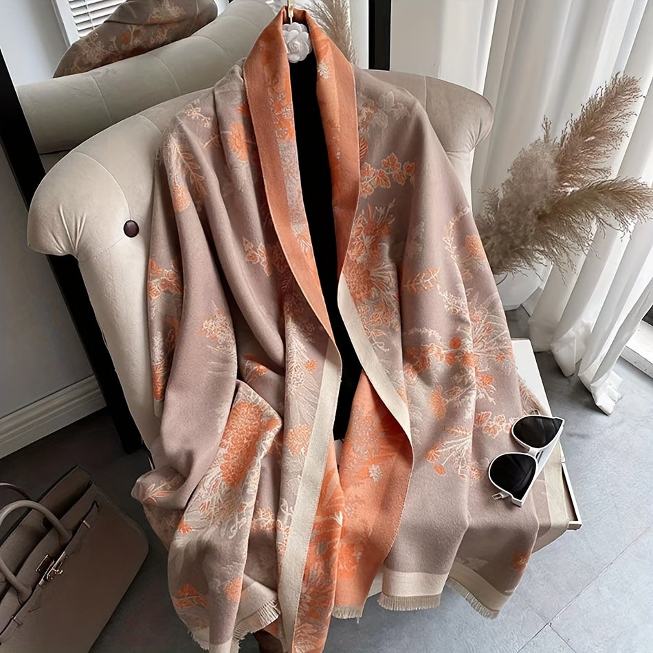 Women's Autumn Winter Windproof Blanket Scarf Double-Sided Jacquard Pattern Soft Warm Fringe Shawl