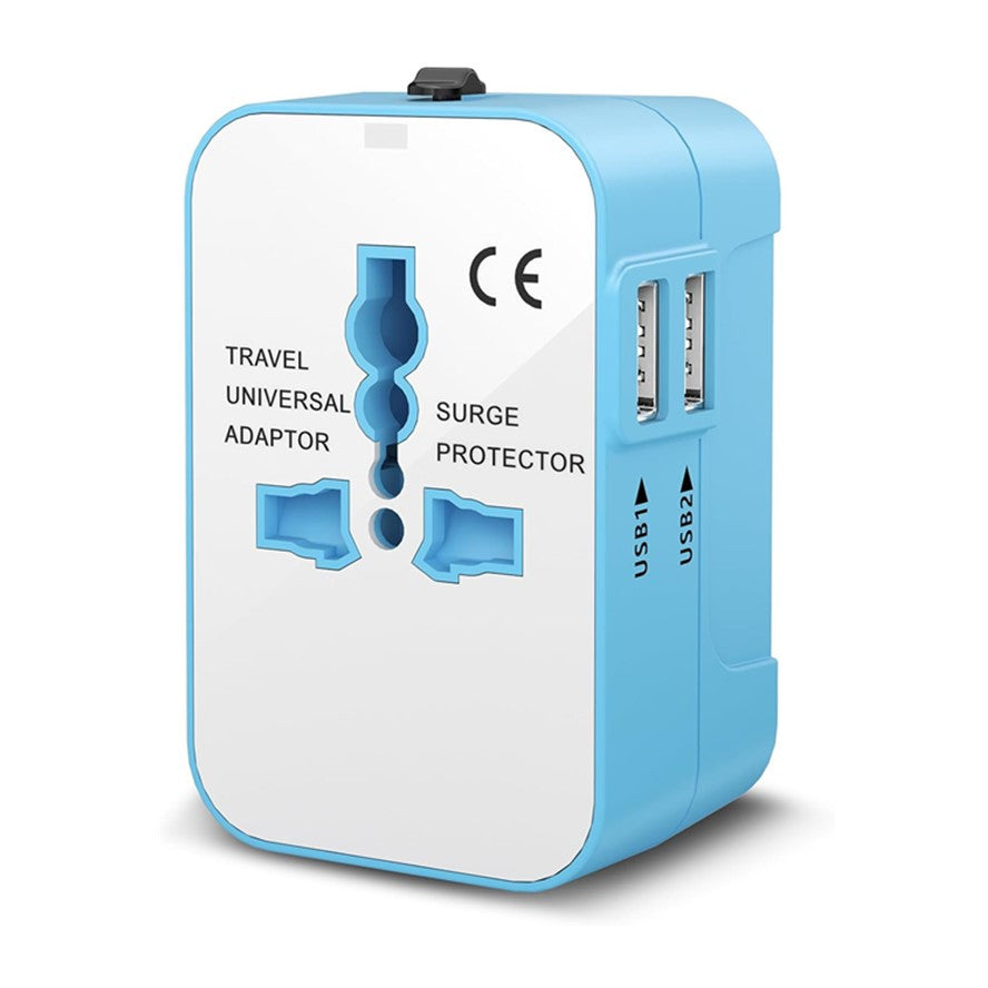 Adaptador de corriente universal para viajes con protector contra sobretensiones, doble voltaje y puertos USB