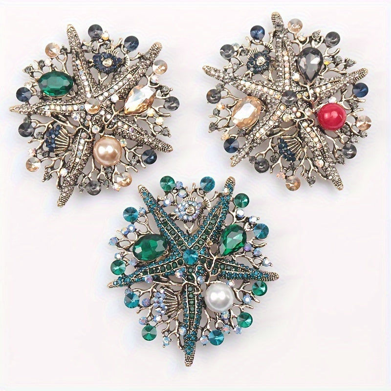 Ocean-Themed Starfish Rhinestone Brooch Pin with Faux Pearl Details for Women