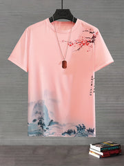 Camiseta casual para hombre con patrón de pintura de paisaje, talla grande, verano, poliéster, cuello redondo