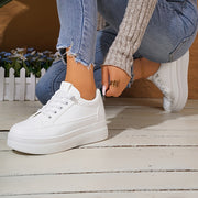 Women's White Sneakers with Inner Height Increase Casual Low-Top Lace-Up Shoes
