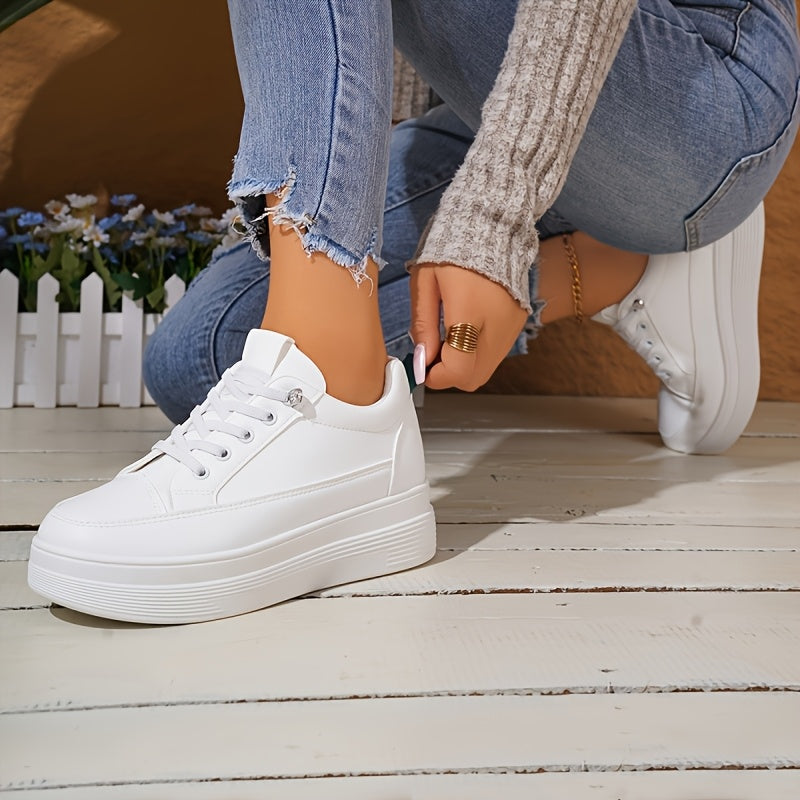 Women's White Sneakers with Inner Height Increase Casual Low-Top Lace-Up Shoes