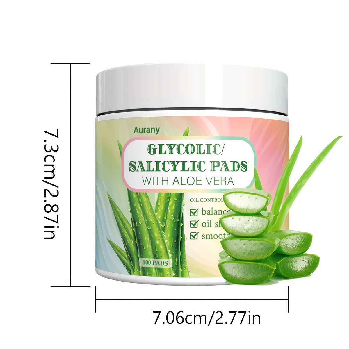 AURANY 100 Pad: Aloe Vera Glycolic/Salycilik Kislota, Uniseks Kattalar, Spirtli emas, Namlantiruvchi, Eksfoliatsiya qiluvchi, Pora kichraytiruvchi, Chuqur tozalovchi, Barcha teri turlari, Aloe Vera hidli, Qo'shimcha yo'q.