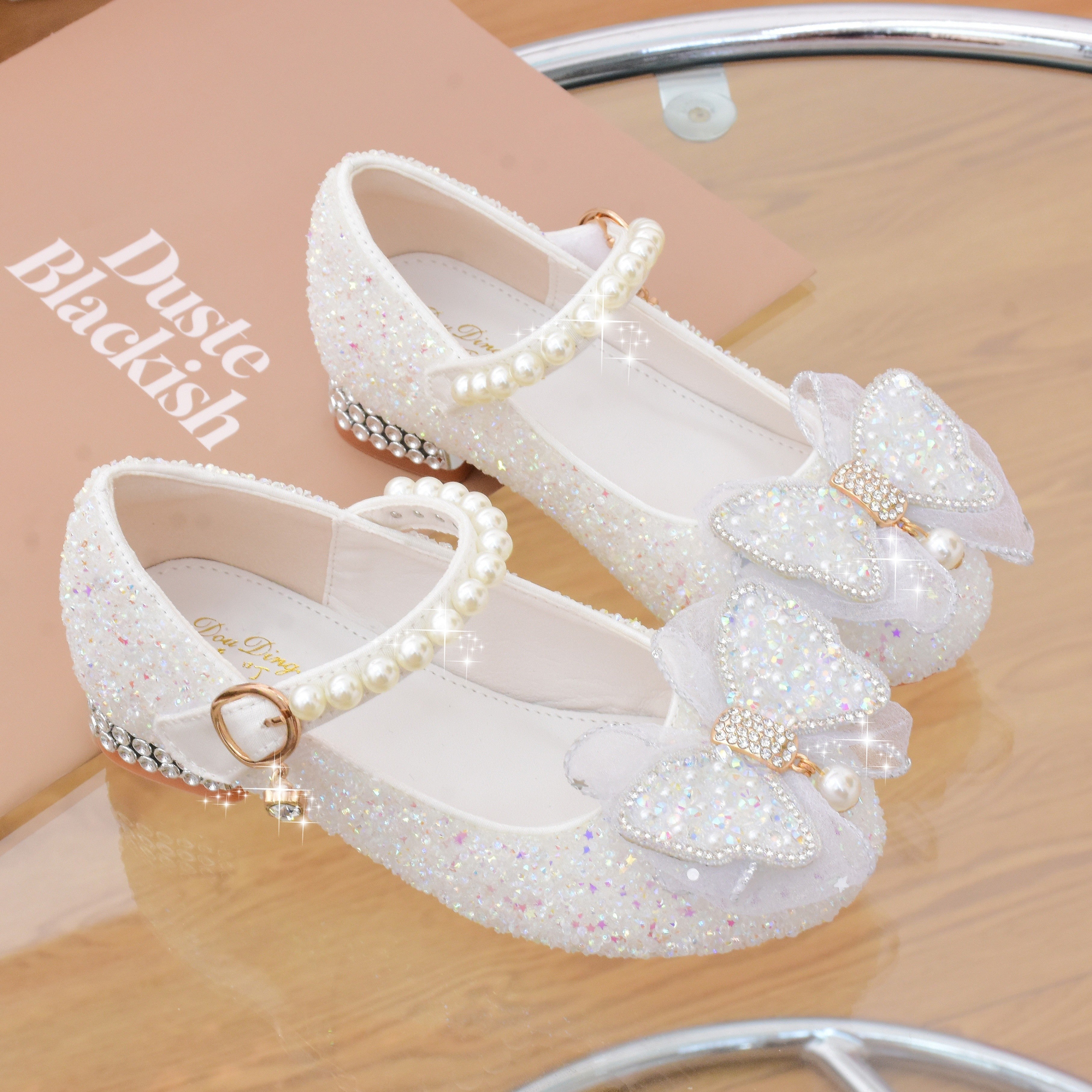 Girls High Heel Shoes with Bowknot and Pearl Embellishments for Parties and Events