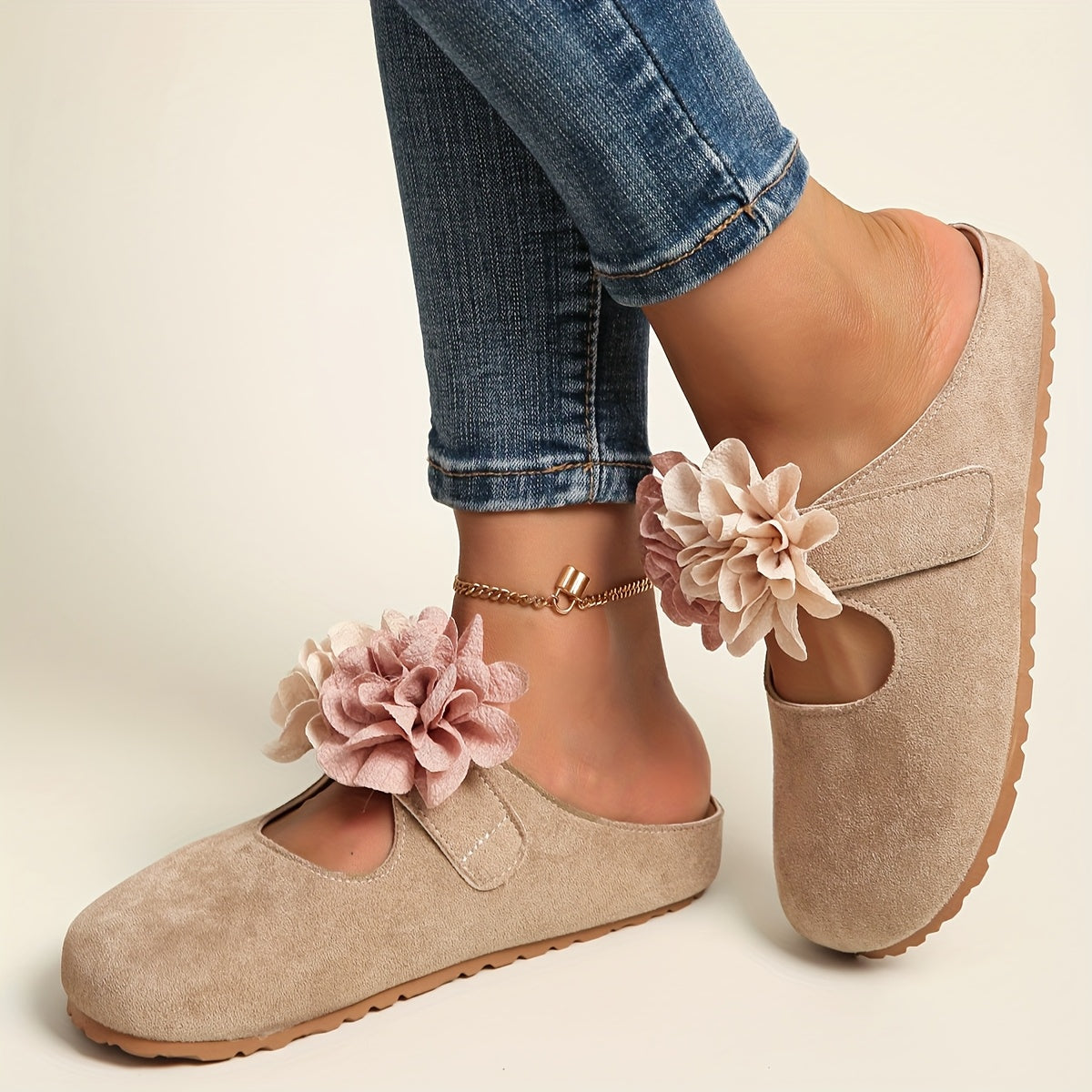 Women's Floral Embellished Slip-On Mules Soft Fabric Upper PU Sole Casual Shoes