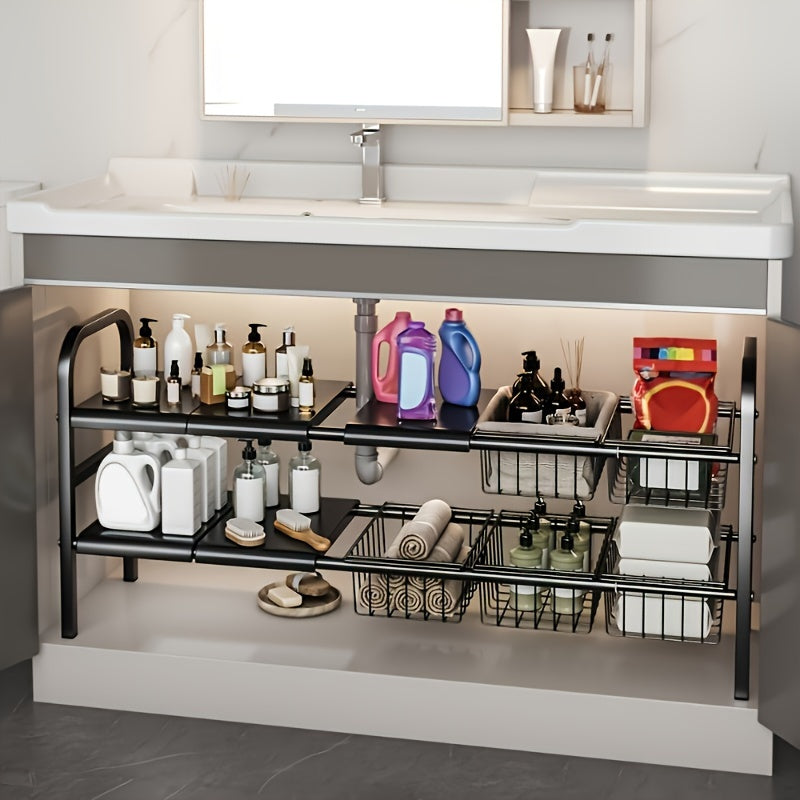 Black Metal Storage Rack Set with Removable Baskets for Kitchen and Bathroom Organization