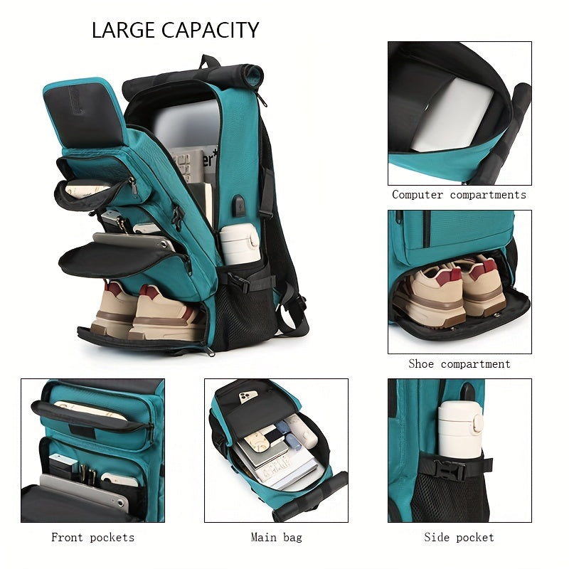 Black Waterproof Hiking Backpack with Shoe Compartment and Adjustable Straps