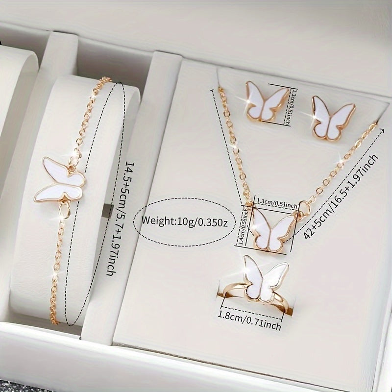 Women's Quartz Watch with PU Leather Band and Butterfly Jewelry Set, Stylish Round Alloy Case