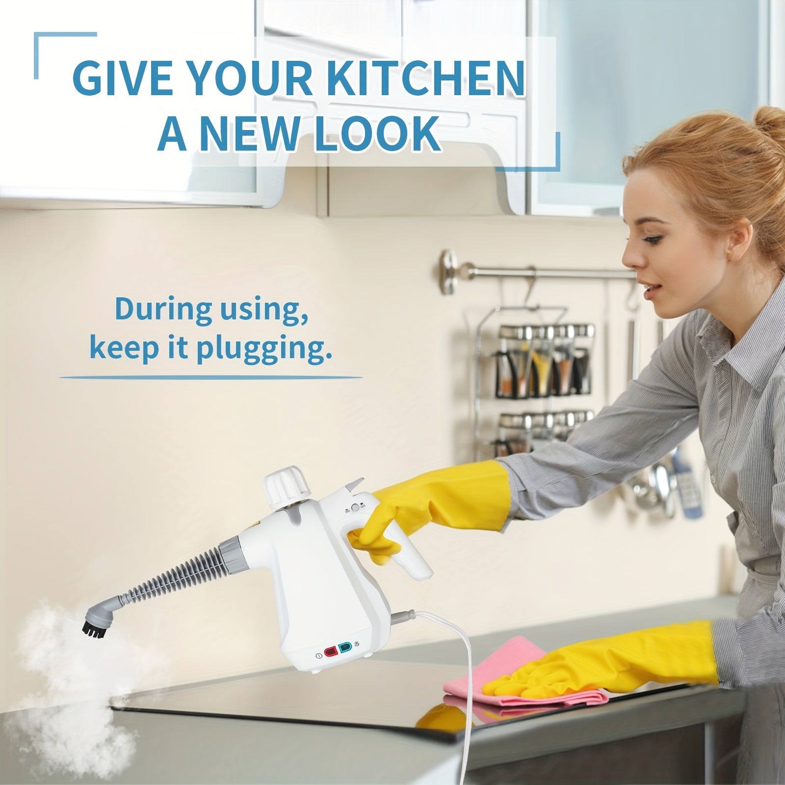 Uyda ko'p yuzalarni tozalash uchun qo'lga olinadigan bug' tozalagich, jumladan, pol, mebel, fugalar va avtomobillar.