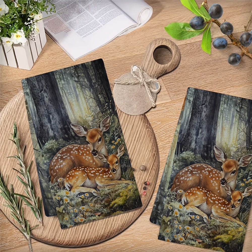 Set of 2 Coastal Style Kitchen Towels, Deer Design, Super Absorbent, 16x24 Inches