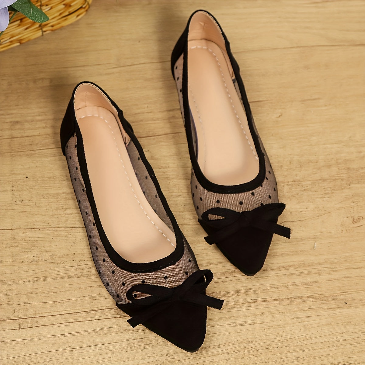 Women's Plus Size Summer Flats Mesh Bowknot Pointed Toe Shoes Black