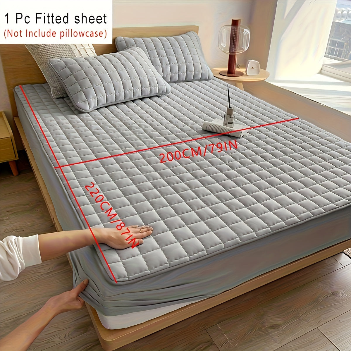 Light Gray Quilted Waterproof Fitted Sheet Breathable Polyester Deep Pockets Easy Care