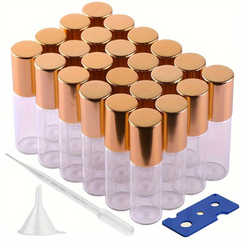 Botellas de vidrio transparente de 5ml con rodillo de 100 piezas, con abrebotellas, embudo, cuentagotas y tapa dorada para aceites esenciales