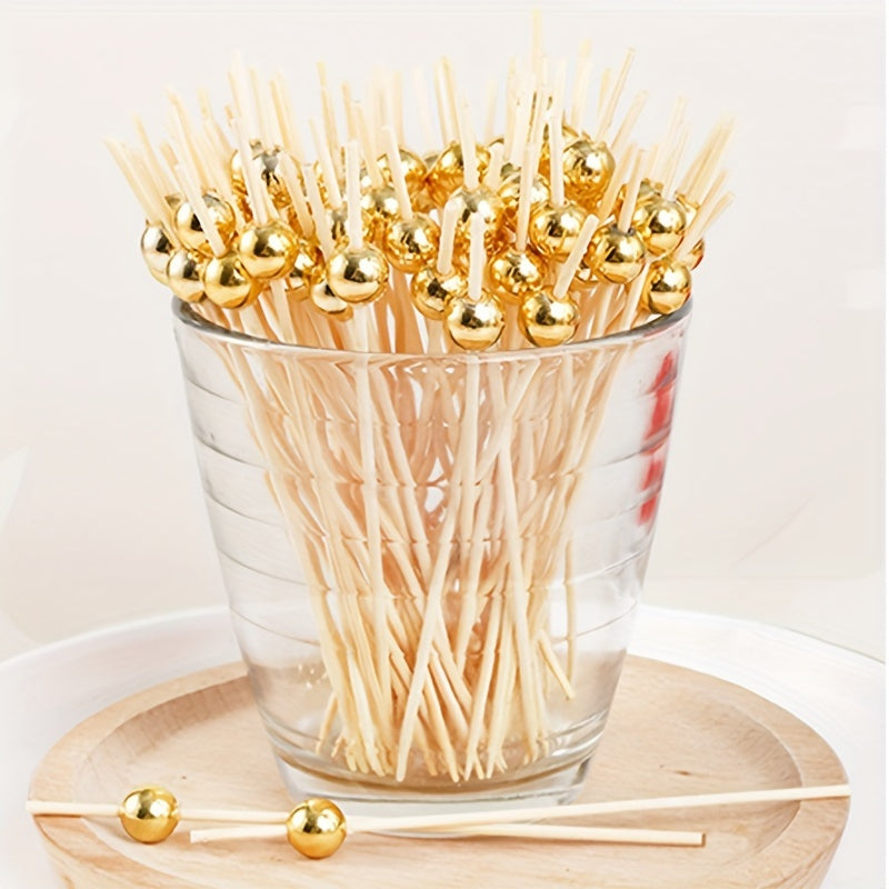 100 Packs Bamboo and Pearl Fruit Fork Sticks for Party, Cakes, Desserts