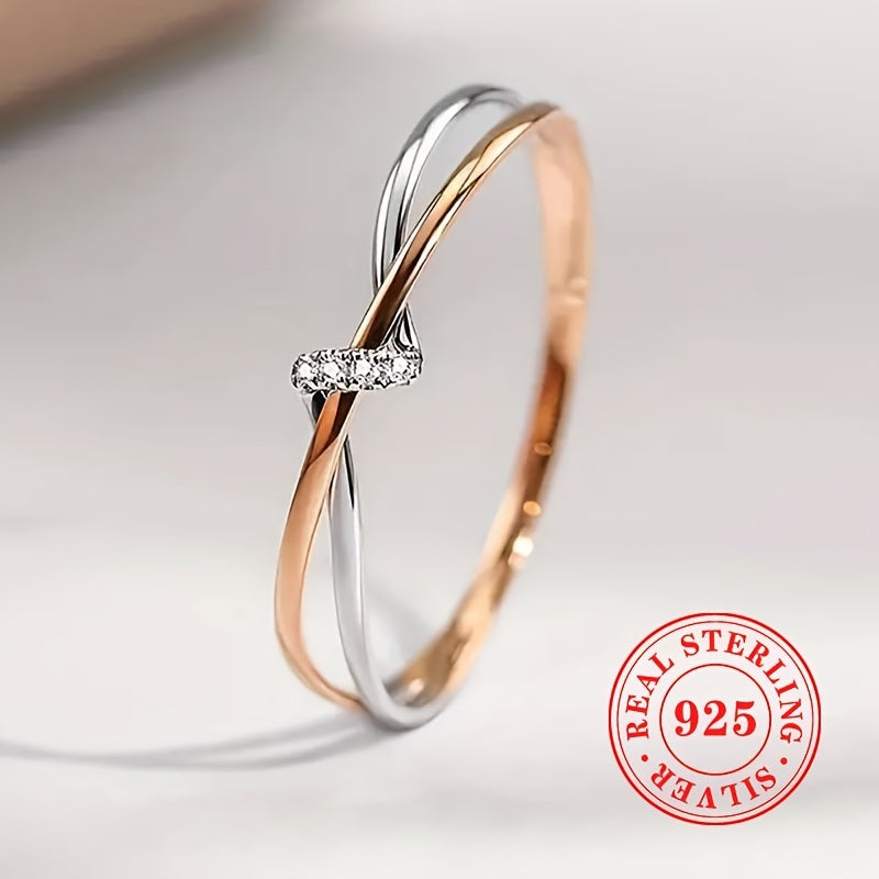 Sterling Silver Twist Band Ring with Zirconia Inlay for Women