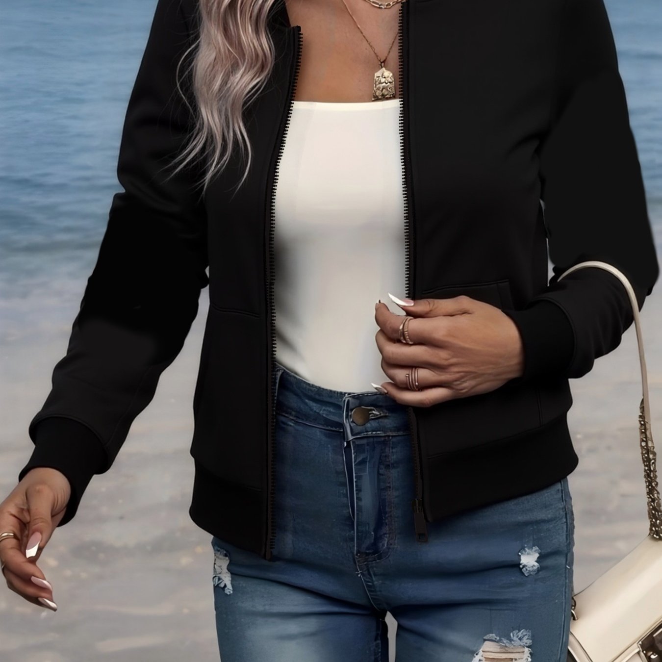 Women's Plus Size Casual Bomber Jacket with "LOVE" Print Black Polyester