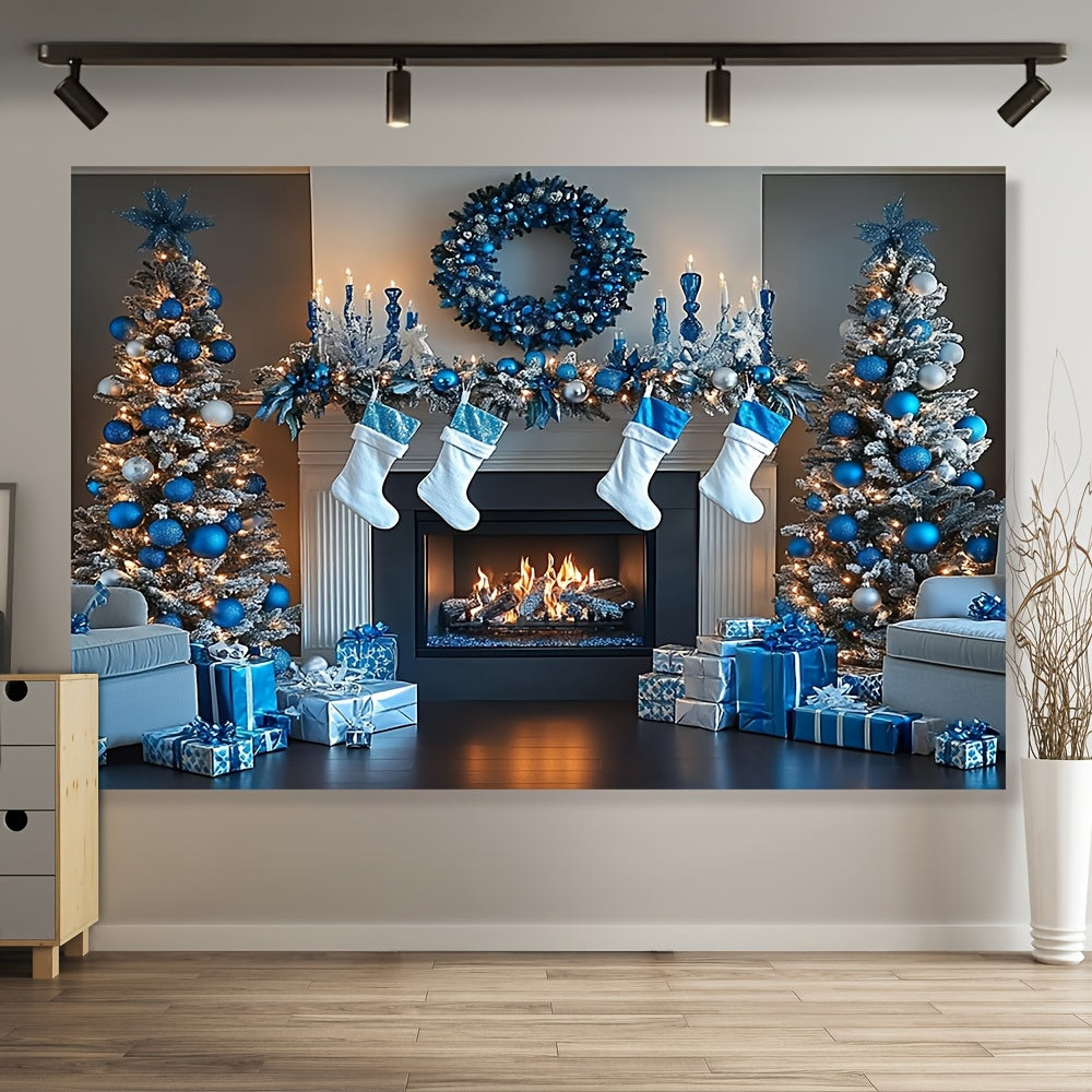 Blue and White Fireplace Backdrop Polyester Decor Multi-Season Wall Covering