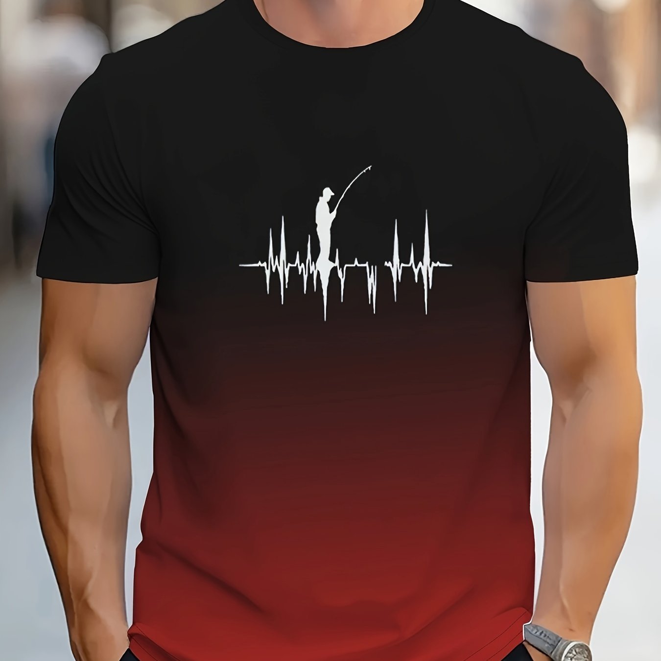 Erkaklar uchun tasodifiy baliq ovlash printli futbolka, cho'ziluvchan mato va dumaloq bo'yin bilan, yozgi ko'cha uslubi uchun mukammal.