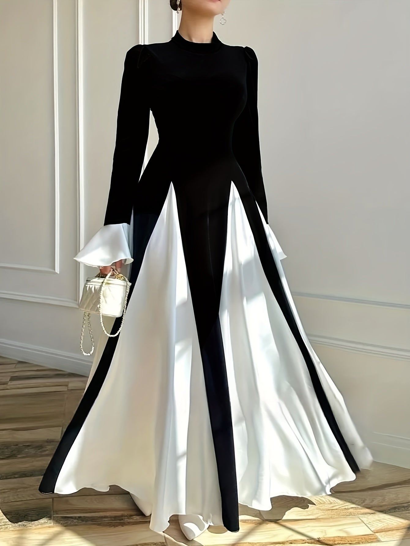 Adult Solid Color Polyester Crew Neck Long Dress Elegant Fitted All Season