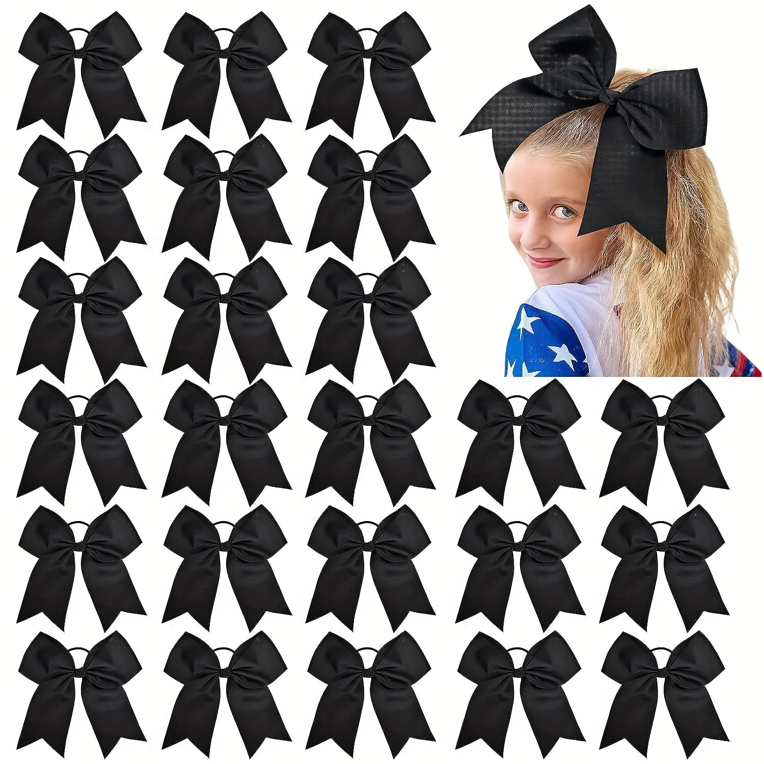 Set of 24 Bohemian-Style Cheer Bows with Black Elastic Ties for Girls