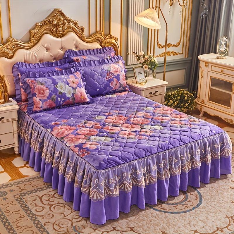Luxurious Crystal Velvet Bed Skirt Set with Floral Pillowcases Non-Slip Full Coverage