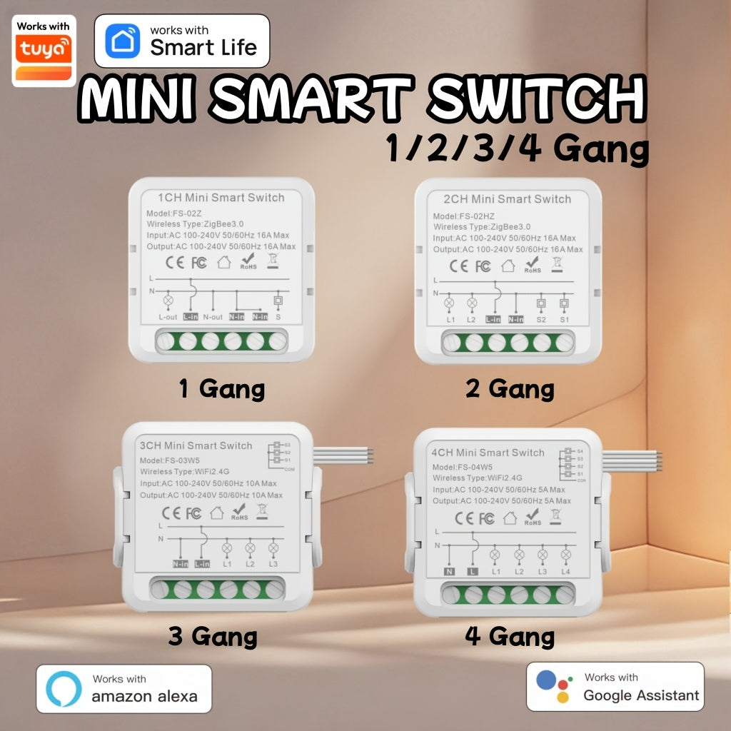 WiFi Mini Smart Switch 1/2/3/4 Gang Voice App Control Timer No Hub Required