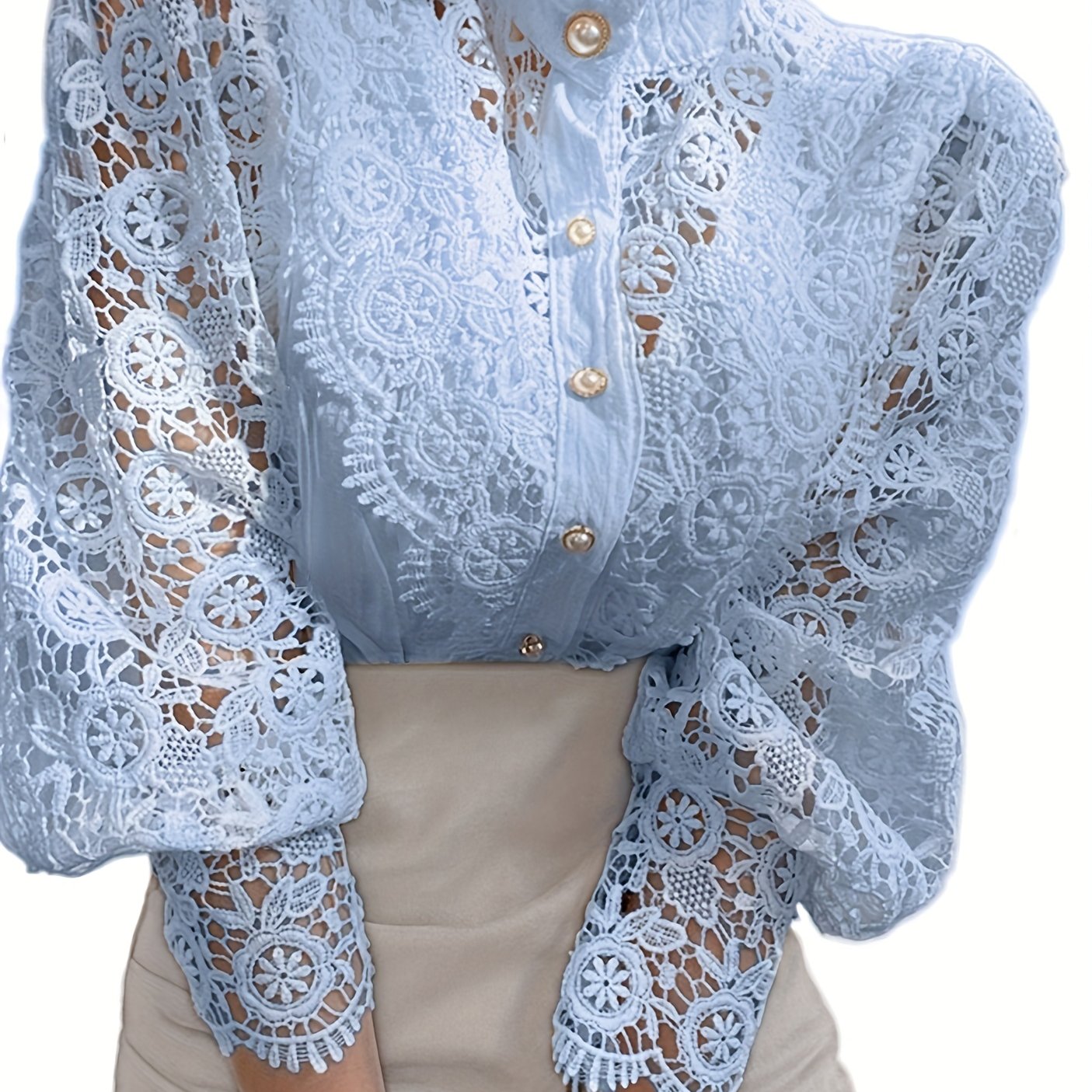 Victorian Lace Blouse for Women with Pearl Buttons Floral Pattern Long Sleeve Woven Cotton Polyester Top