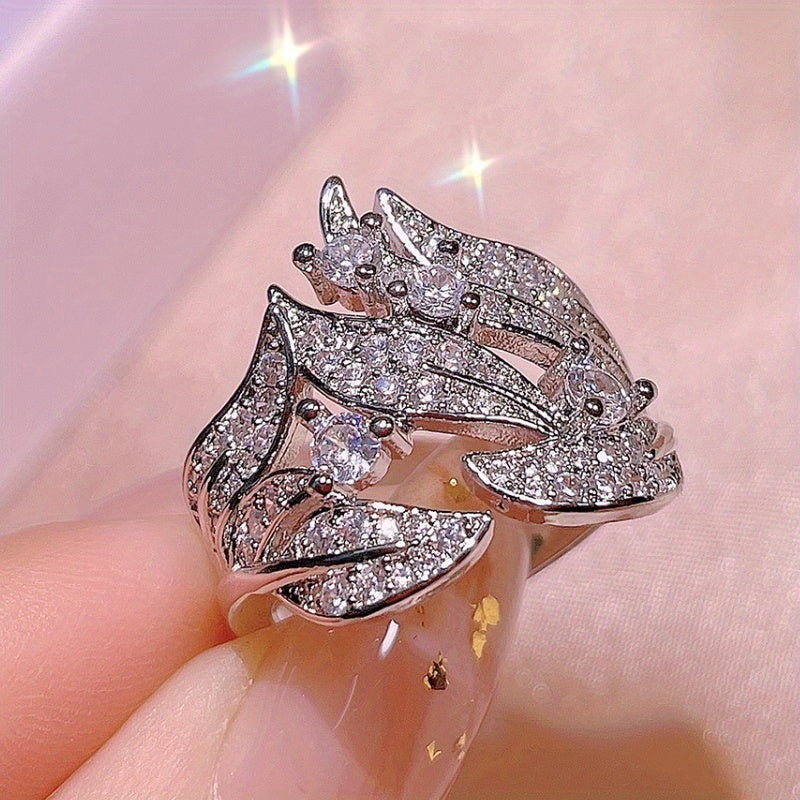Women's Silver Plated Micro Pave Zirconia Flower Leaf Ring Jewelry
