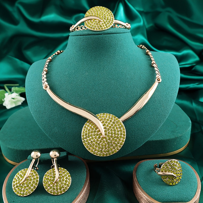 Gold-Plated Jewelry Set with Vibrant Crystals Necklace Bracelet Earrings Ring for Weddings and Gifts